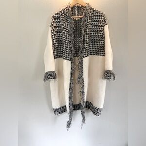 Black and White Women's Cardigan with Fringe